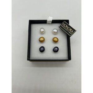 Honora Collection Freshwater Potato Pearl Stud Earrings Set  in White Gold Black